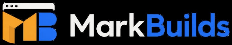 MarkBuilds logo featuring orange and blue geometric shapes with white and blue text on black background